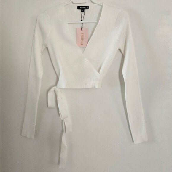 Missguided White Ribbed Wrap V neck Top Long Sleeve Size Small 26e - Picture 2 of 6